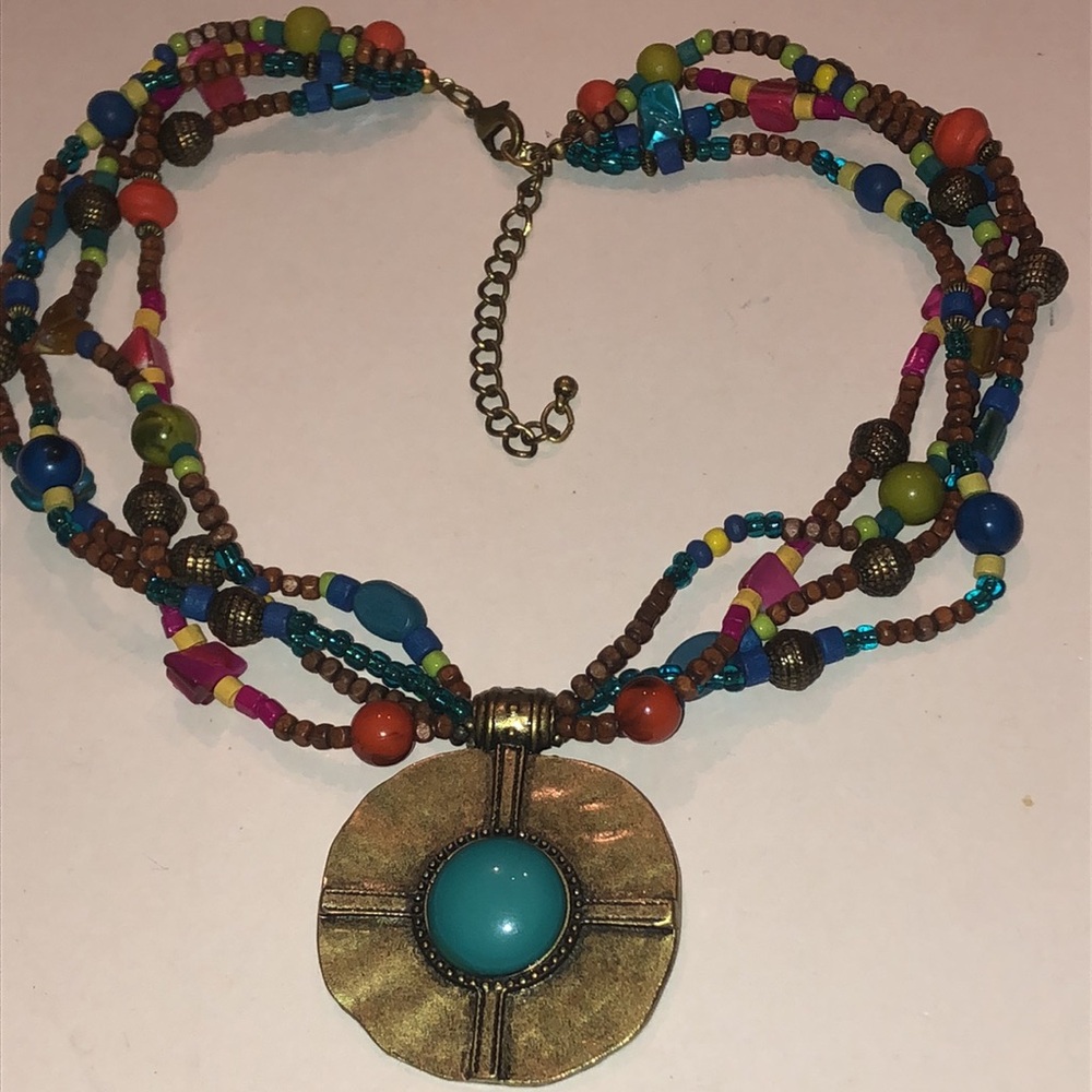 Multicolor Beaded Boho Statement Pendant Necklace - image 4